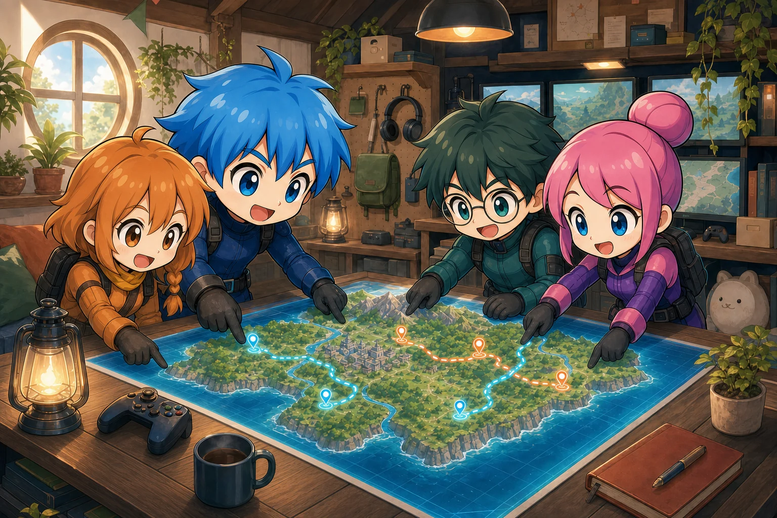 4人のちびキャラが秘密基地の地図を囲んで作戦を相談するイラスト
